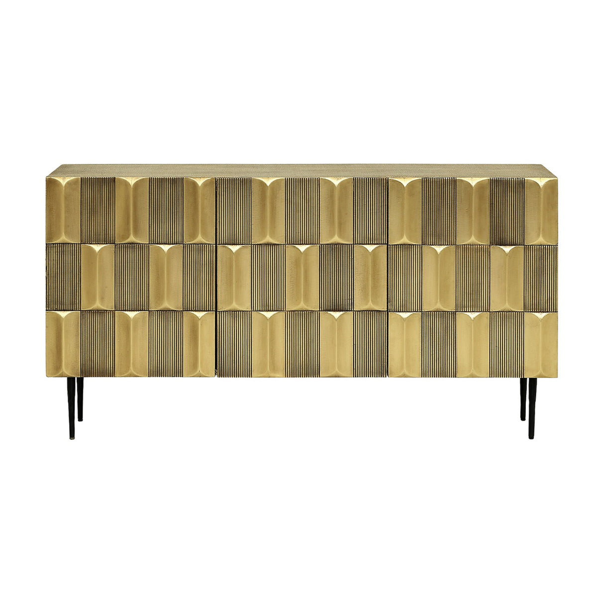 Libra Interiors Sculpted Brass Large Sideboard in antique brass with three-dimensional tiled front, black interior and slender iron legs.
