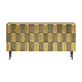 Libra Interiors Sculpted Brass Large Sideboard in antique brass with three-dimensional tiled front, black interior and slender iron legs.