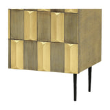 Libra Interiors Sculpted Brass Large Sideboard corner detail showing antique brass tiled relief front, shagreen-effect side and slender black iron leg.