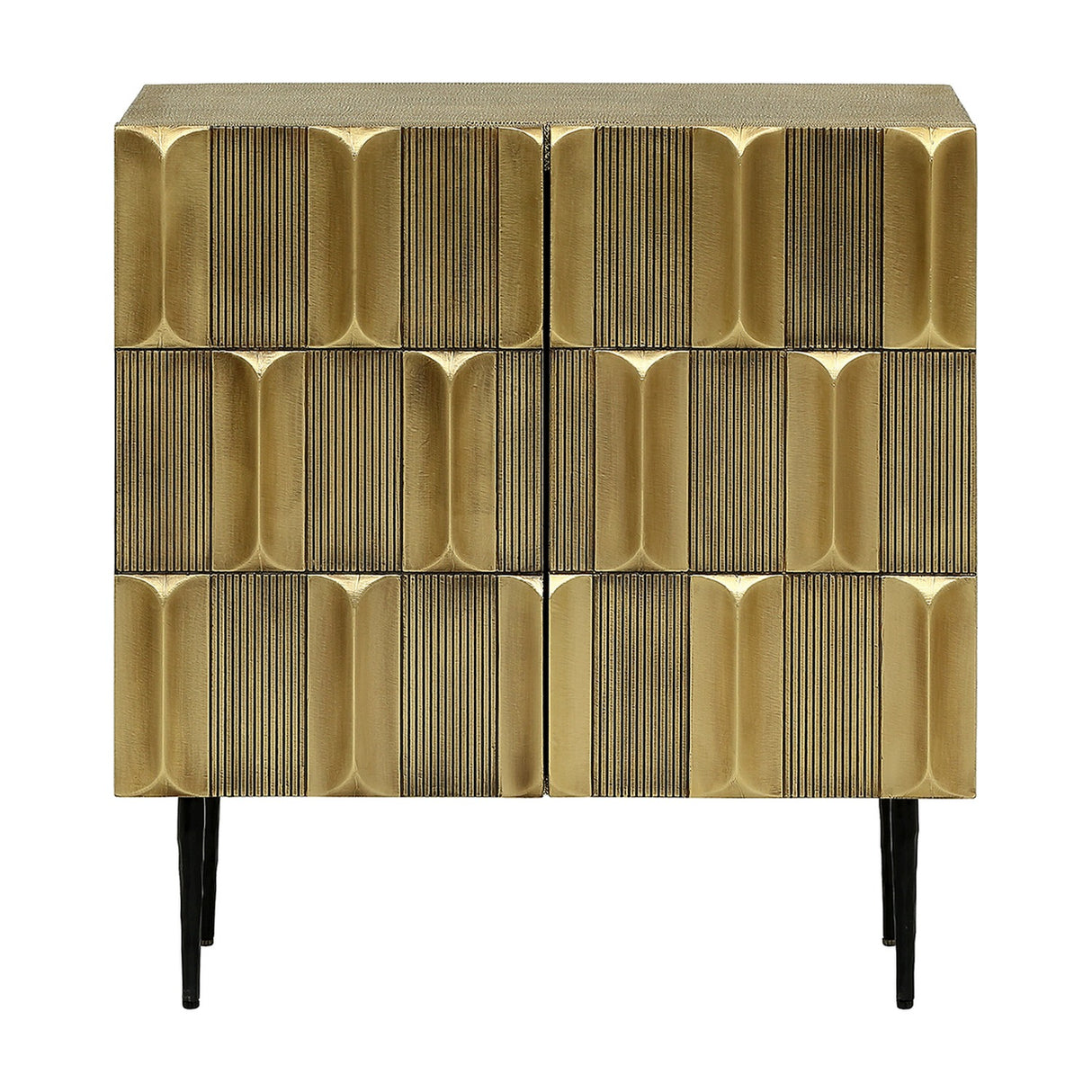 Libra Interiors Textured Brass 2 Door Cabinet in antique brass with sculpted tile-effect doors, shagreen-finish case and slim tapered black iron legs.
