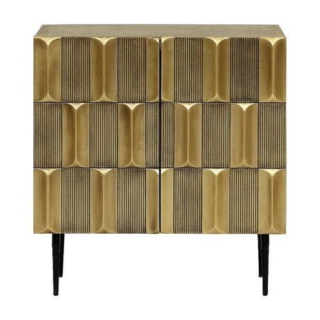 Libra Interiors Textured Brass 2 Door Cabinet in antique brass with sculpted tile-effect doors, shagreen-finish case and slim tapered black iron legs.