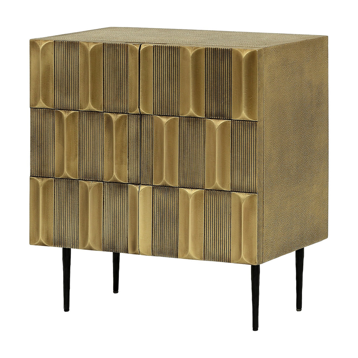 Libra Interiors Textured Brass 2 Door Cabinet in antique brass with sculpted tile front, shagreen-effect case and slim tapered black iron legs.