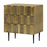 Libra Interiors Textured Brass 2 Door Cabinet in antique brass with sculpted tile front, shagreen-effect case and slim tapered black iron legs.