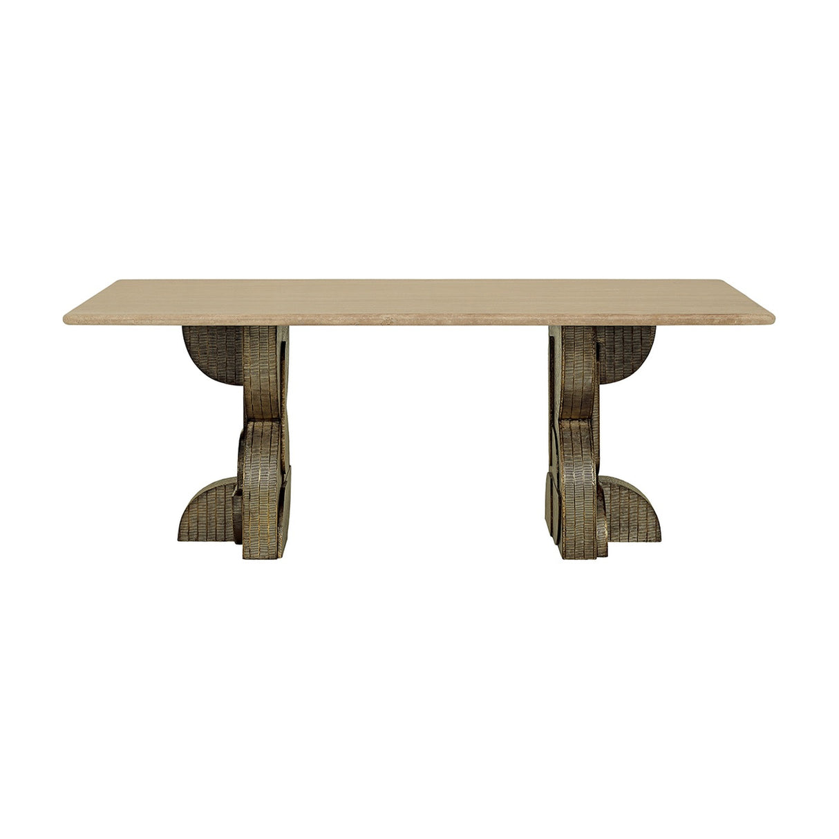Libra Interiors Travertine Twin-Pedestal Dining Table in cream with a smooth rectangular stone top on two etched antique brass pedestal legs.