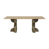 Libra Interiors Travertine Twin-Pedestal Dining Table in cream with a smooth rectangular stone top on two etched antique brass pedestal legs.