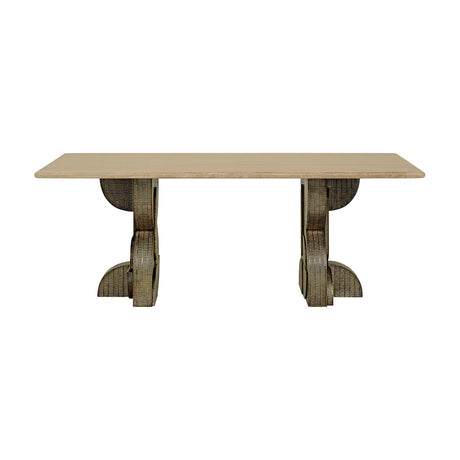 Libra Interiors Travertine Twin-Pedestal Dining Table in cream with a smooth rectangular stone top on two etched antique brass pedestal legs.