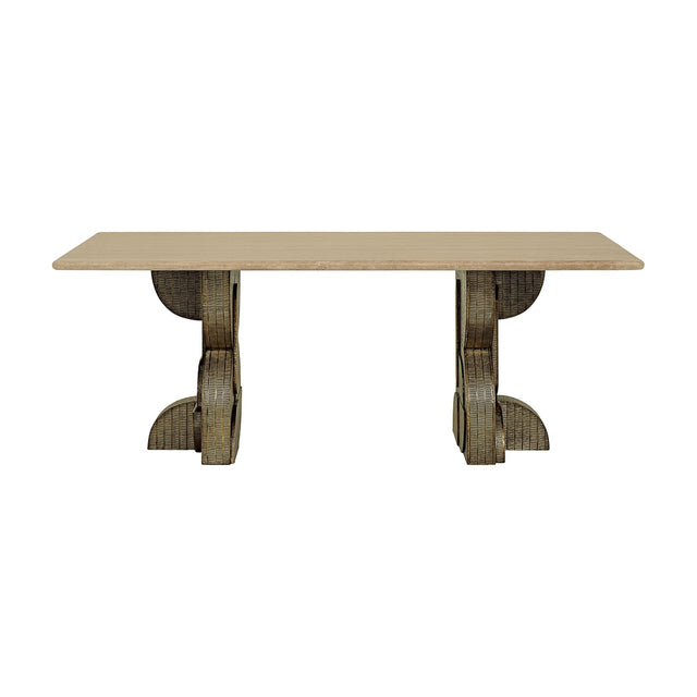 Libra Interiors Travertine Twin-Pedestal Dining Table in cream with a smooth rectangular stone top on two etched antique brass pedestal legs.
