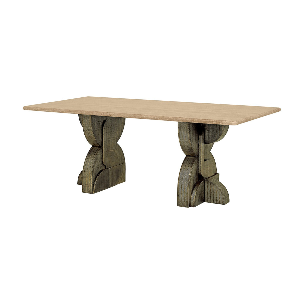Libra Interiors Travertine Twin-Pedestal Dining Table in cream with a rectangular stone top on two etched antique brass sculptural pedestals.
