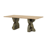 Libra Interiors Travertine Twin-Pedestal Dining Table in cream with a rectangular stone top on two etched antique brass sculptural pedestals.