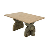 Libra Interiors Travertine Twin-Pedestal Dining Table in cream with a rectangular stone top on etched antique brass sculptural bases, on a white background.