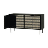 Libra Interiors Bone Inlay Raised Pattern Sideboard in black with ivory bone inlay doors, slim tapered legs, and one door open to reveal storage.