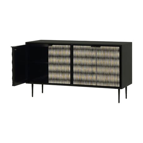 Libra Interiors Bone Inlay Raised Pattern Sideboard in black with ivory bone inlay doors, slim tapered legs, and one door open to reveal storage.