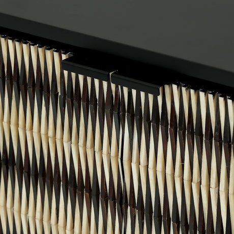 Close-up of Libra Interiors Bone Inlay Raised Pattern Sideboard in black, showing the raised bone inlay doors in black and ivory with slim black handles.