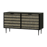 Libra Interiors Bone Inlay Raised Pattern Sideboard in black with two doors showing rhythmic black and ivory bone inlay, matt black frame and slim legs.