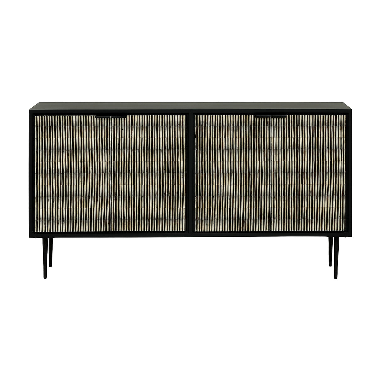 Libra Interiors Bone Inlay Raised Pattern Sideboard in black with two doors of ivory and black vertical bone inlay, on slim tapered legs.