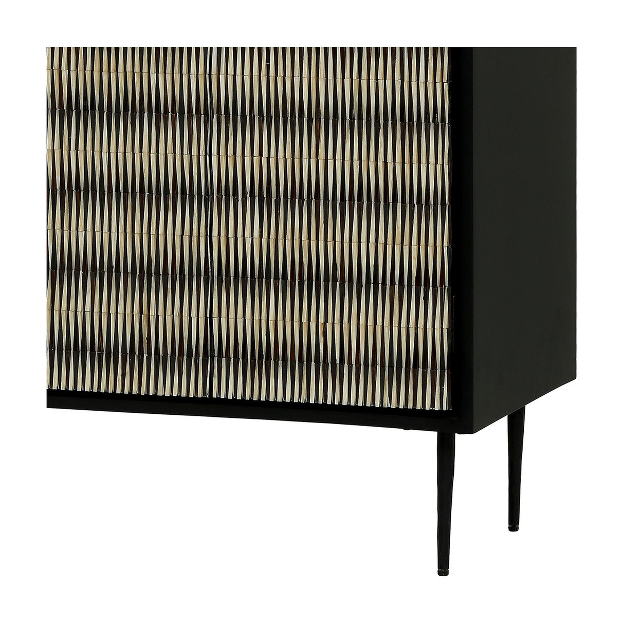Close-up of the Libra Interiors Bone Inlay Raised Pattern Sideboard in black, showing the ivory and dark bone inlay doors and slim tapered leg.