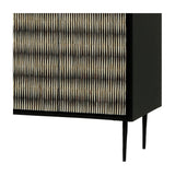 Close-up of the Libra Interiors Bone Inlay Raised Pattern Sideboard in black, showing the ivory and dark bone inlay doors and slim tapered leg.