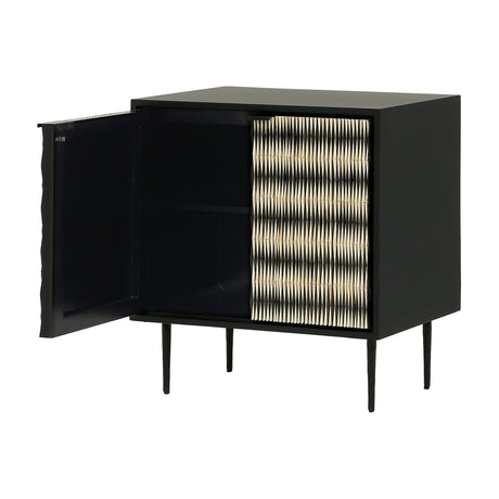 Libra Interiors Bone Inlay 2 Door Cabinet in black with one door open showing interior shelving, raised black and ivory bone pattern, on slim tapered legs.