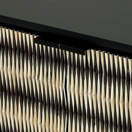 Close-up of Libra Interiors Bone Inlay 2 Door Cabinet in Black, showing the raised black and ivory bone pattern and slim matt black handles.