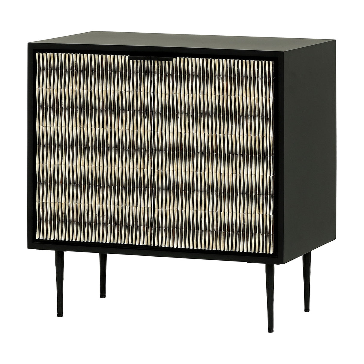 Libra Interiors Bone Inlay 2 Door Cabinet in black with ridged black and ivory bone inlay doors, matt black frame and slim tapered legs.