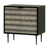 Libra Interiors Bone Inlay 2 Door Cabinet in black with ridged black and ivory bone inlay doors, matt black frame and slim tapered legs.