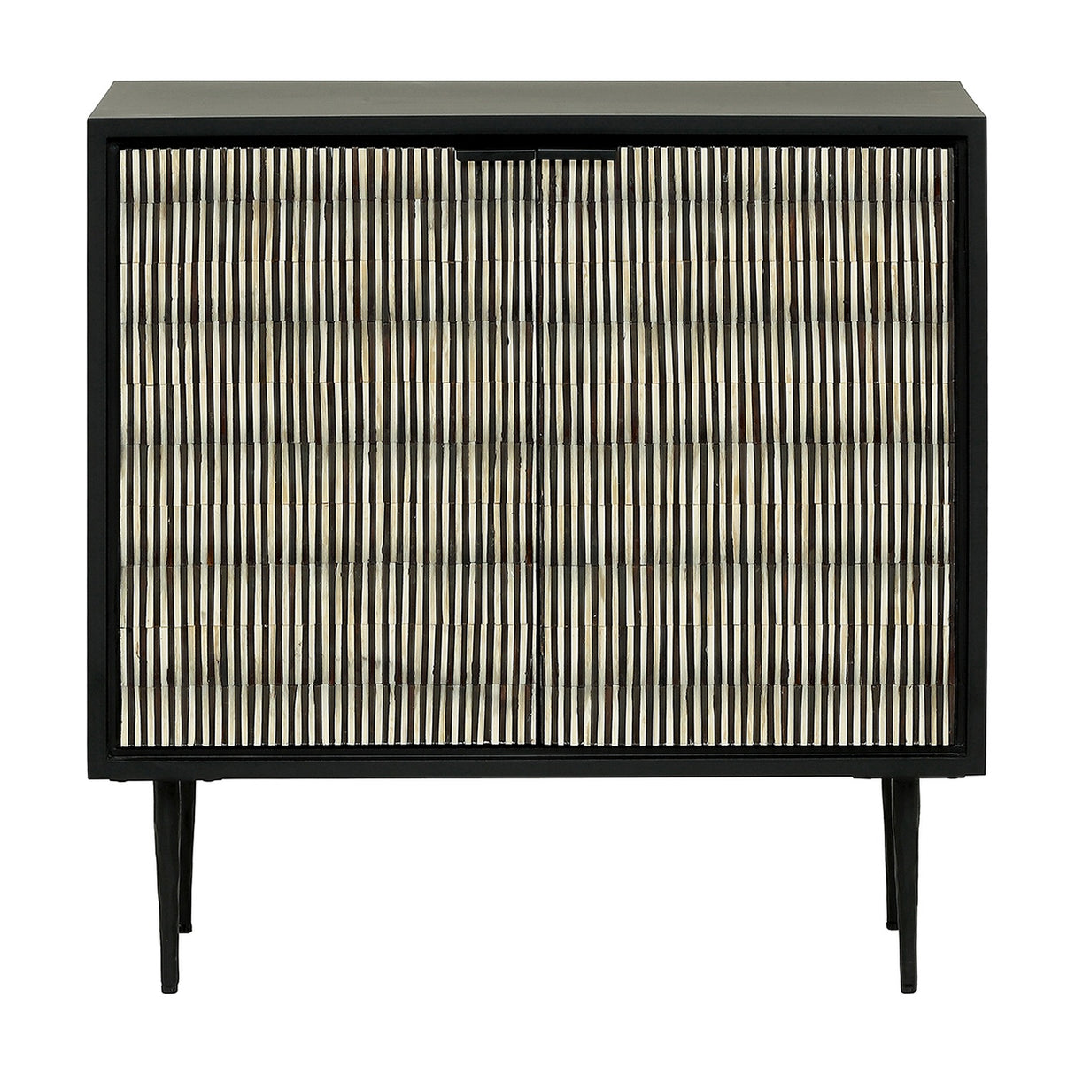 Libra Interiors Bone Inlay 2 Door Cabinet in black with ridged ivory and dark bone striped doors, matt black frame and slim tapered legs.