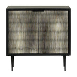 Libra Interiors Bone Inlay 2 Door Cabinet in black with ridged ivory and dark bone striped doors, matt black frame and slim tapered legs.