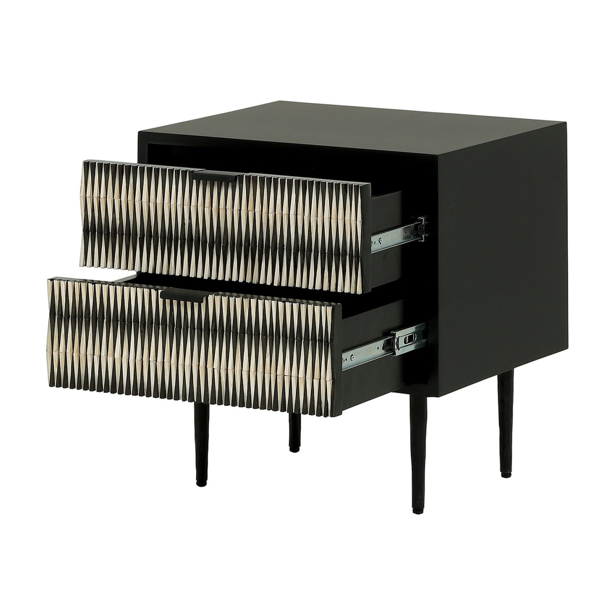 Libra Interiors Bone Inlay 2-Drawer Bedside Table in black with open drawers showing black and ivory geometric bone fronts on tapered iron legs.