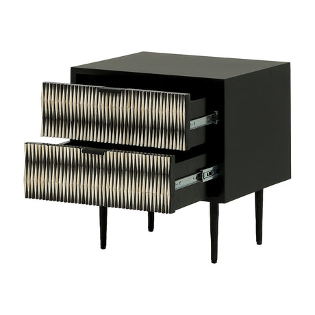 Libra Interiors Bone Inlay 2-Drawer Bedside Table in black with open drawers showing black and ivory geometric bone fronts on tapered iron legs.
