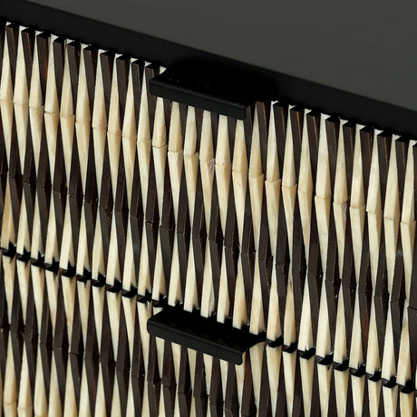 Close-up of Libra Interiors Bone Inlay 2-Drawer Bedside Table in black, showing raised ivory and dark bone geometric pattern with matt black bar handles.