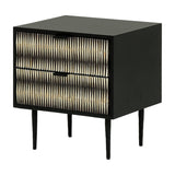 Libra Interiors Bone Inlay 2-Drawer Bedside Table in matt black with raised black and ivory geometric bone-inlay fronts on slim tapered iron legs.