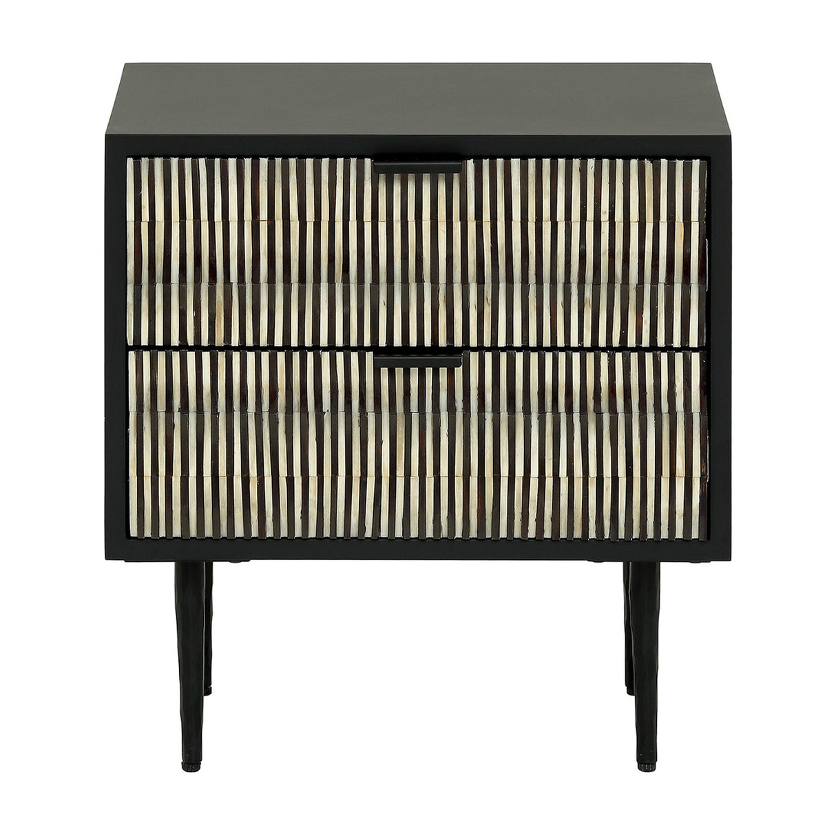 Libra Interiors Bone Inlay 2-Drawer Bedside Table in black with ivory striped bone inlay drawer fronts and slim tapered iron legs.