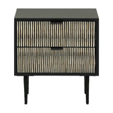 Libra Interiors Bone Inlay 2-Drawer Bedside Table in black with ivory striped bone inlay drawer fronts and slim tapered iron legs.