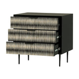 Libra Interiors Bone Inlay 3-Drawer Black & Ivory Chest of Drawers shown with drawers open, textured monochrome fronts, matt black frame and tapered legs.