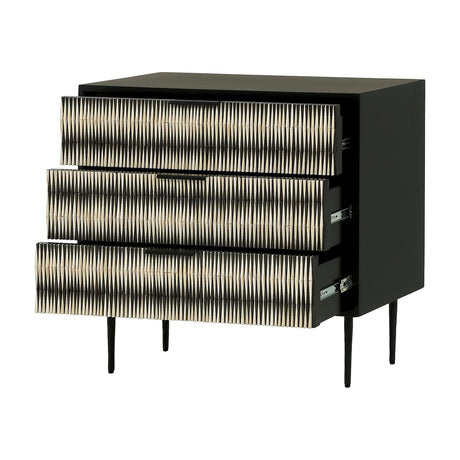Libra Interiors Bone Inlay 3-Drawer Black & Ivory Chest of Drawers shown with drawers open, textured monochrome fronts, matt black frame and tapered legs.