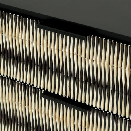 Close-up of Libra Interiors Bone Inlay 3-Drawer Black & Ivory Chest of Drawers, showing the raised bone inlay pattern and slim matt black bar handles.