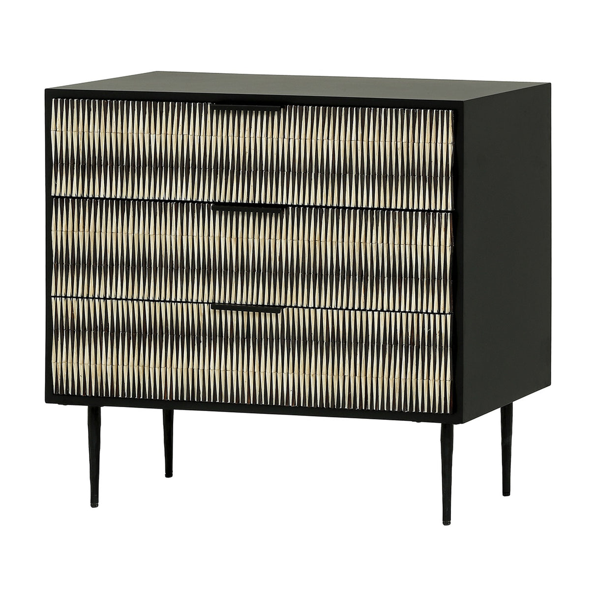 Libra Interiors Bone Inlay 3-Drawer Chest with raised black and ivory bone fronts, matt black frame and slim tapered legs, shown at an angle.