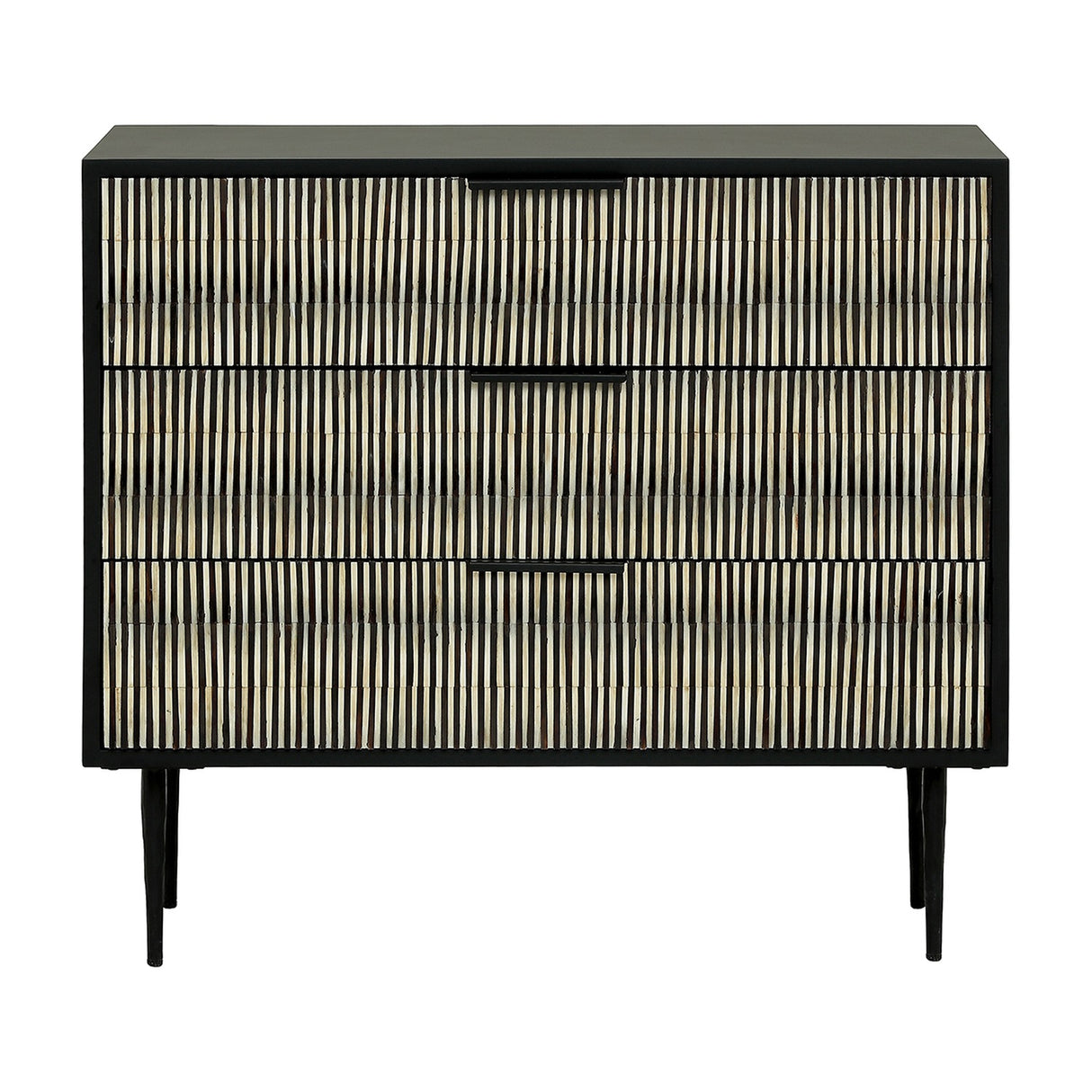 Libra Interiors bone inlay three-drawer chest with black and ivory ribbed fronts, matt black frame, slim bar handles and tapered legs on a white background.