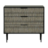 Libra Interiors bone inlay three-drawer chest with black and ivory ribbed fronts, matt black frame, slim bar handles and tapered legs on a white background.