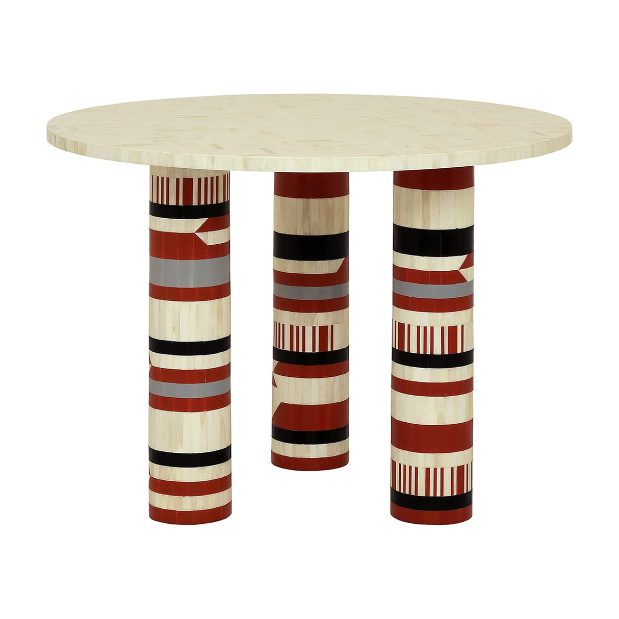 Libra Interiors Bone Inlay Round Dining Table with cream bone top and three cylindrical legs in terracotta, black, ivory and grey geometric inlay.