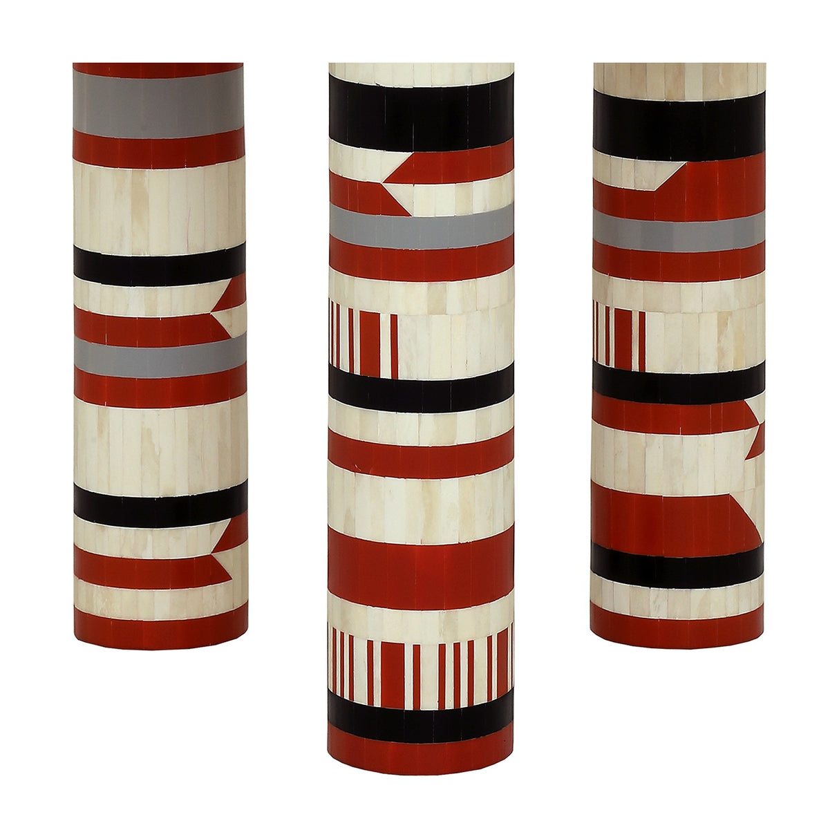 Libra Interiors Bone Inlay Round Dining Table legs shown in detail, with cream bone and terracotta, black and grey geometric striped inlay.