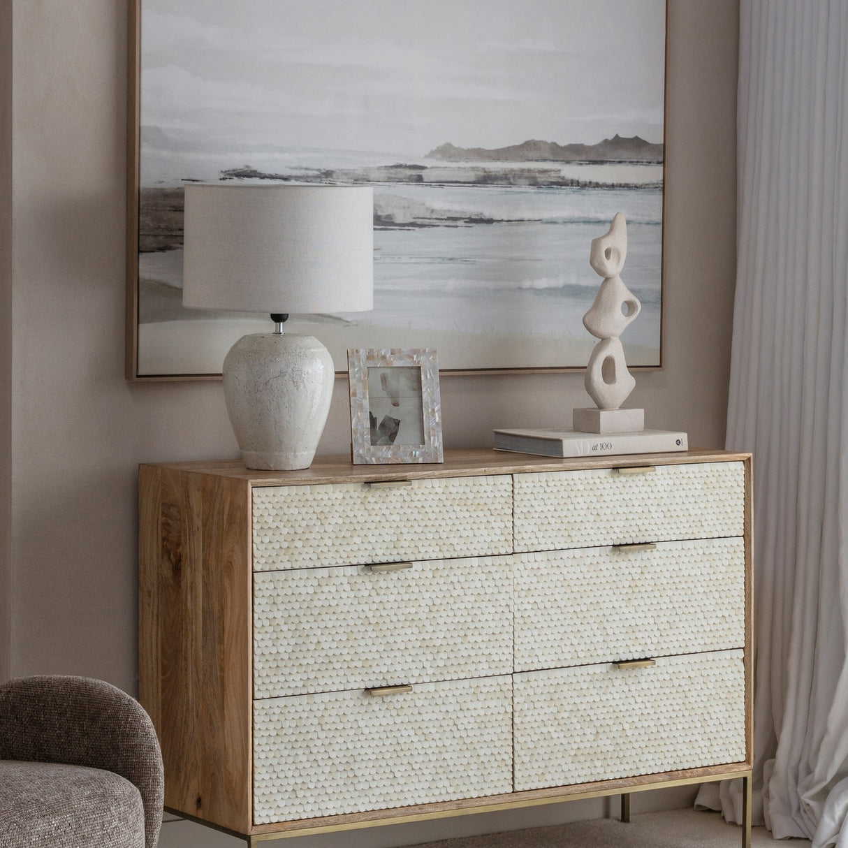 Scalloped Bone Inlay Mango Wood Chest of Drawers