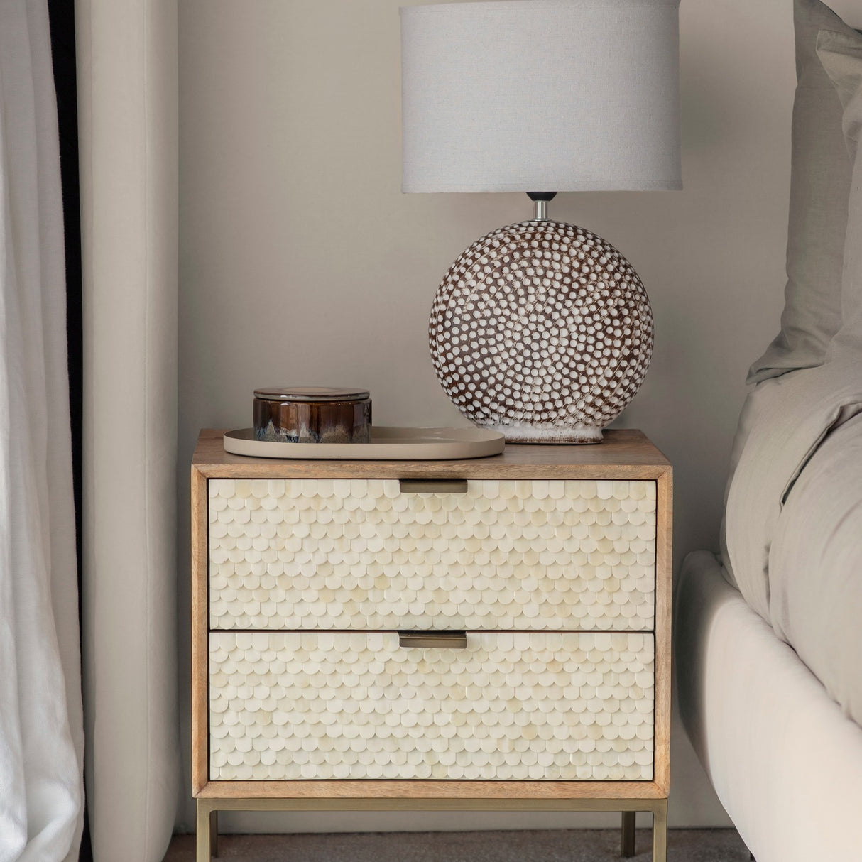 Scalloped Bone Inlay 2-Drawer Bedside Table – Cream