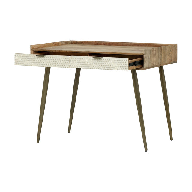 Libra Interiors Scalloped Bone Inlay Mango Wood Desk in cream, with two textured drawers, raised lip, and tapered antique brass legs on a white background.