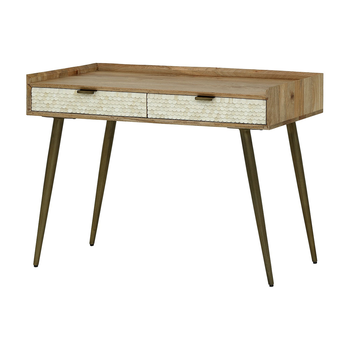 Libra Interiors Scalloped Bone Inlay Mango Wood Desk in cream, with two inlaid drawers, raised back lip and slim tapered antique brass legs.