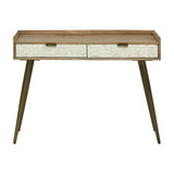 Libra Interiors Scalloped Bone Inlay Mango Wood Desk in cream with two inlaid drawers, natural wood frame, raised lip and tapered antique brass legs.
