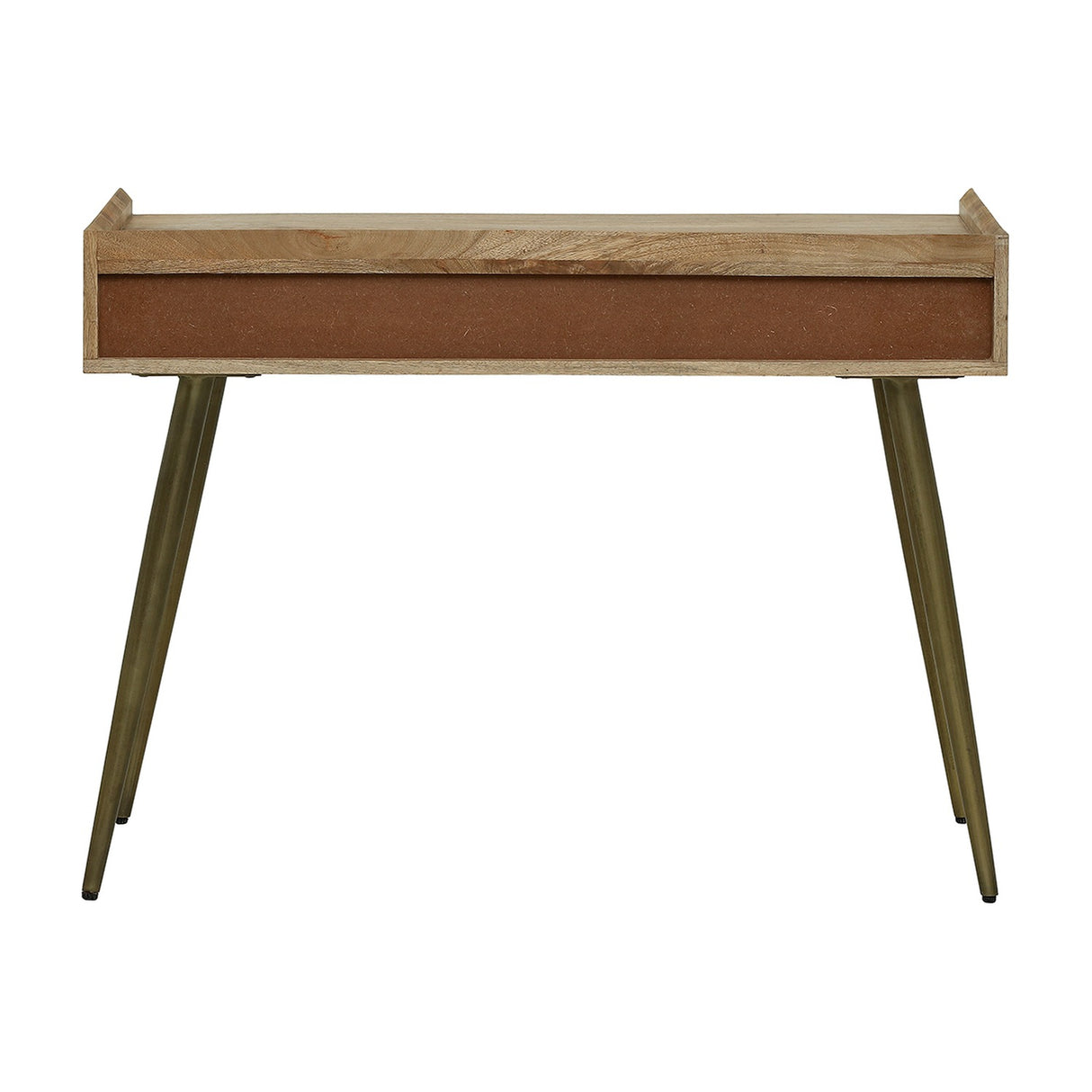 Rear view of the Libra Interiors Scalloped Bone Inlay Mango Wood Desk showing the mango wood frame, backing panel and tapered antique brass legs.