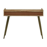 Rear view of the Libra Interiors Scalloped Bone Inlay Mango Wood Desk showing the mango wood frame, backing panel and tapered antique brass legs.