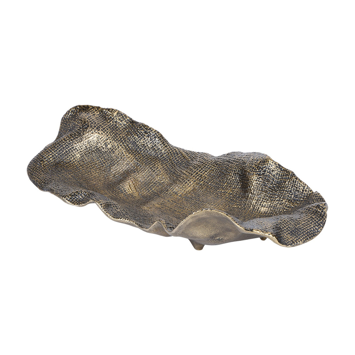 Libra Interiors Woven-Effect Cast Aluminium Bowl in antique brass, elongated organic form with wavy edges, textured surface and small feet, on white.