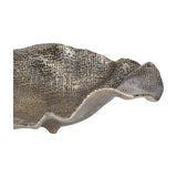 Close-up of Libra Interiors Woven-Effect Cast Aluminium Bowl in antique brass, showing the wave-like rim and detailed woven texture across the interior.